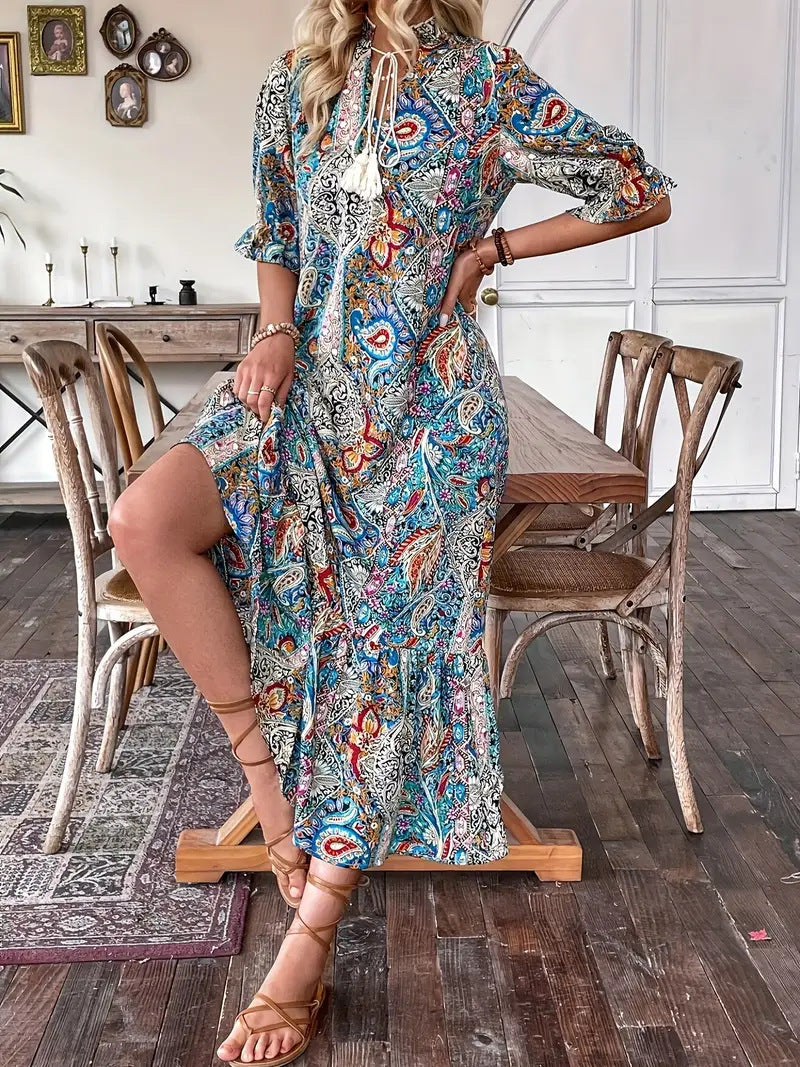 Printed Lace-Up Mid-Sleeve Ruffle Dress