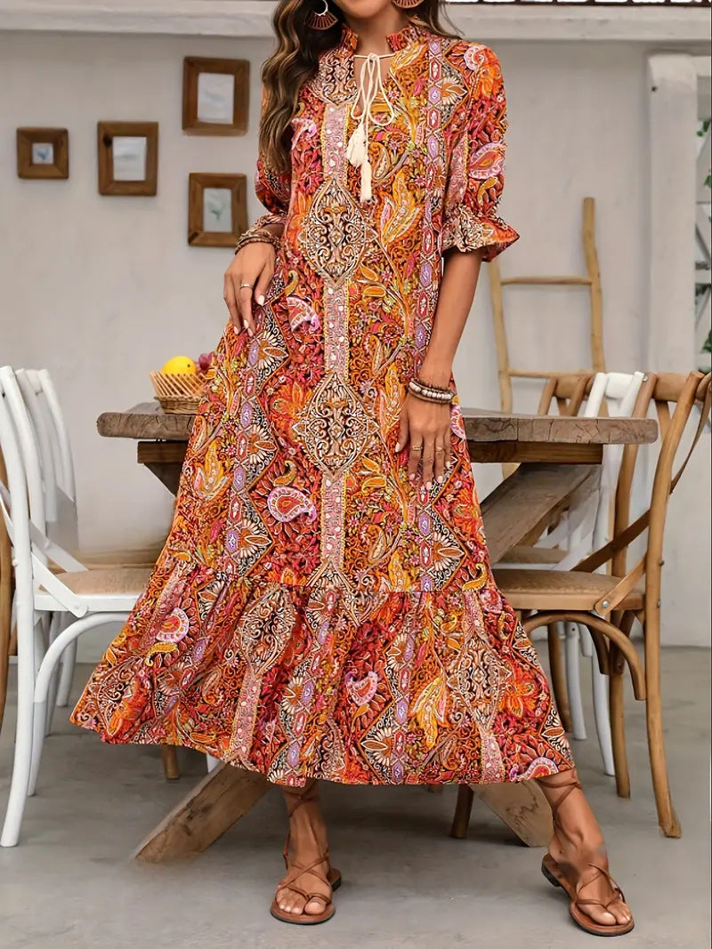 Printed Lace-Up Mid-Sleeve Ruffle Dress