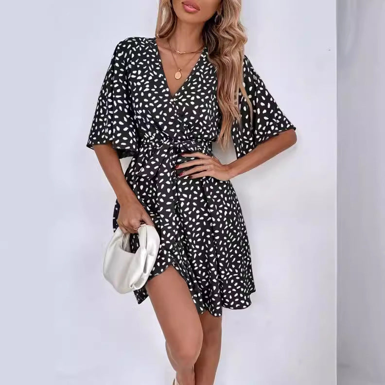 2025 New Explosion V-Neck Short Sleeve Waisted Peplum Dresses