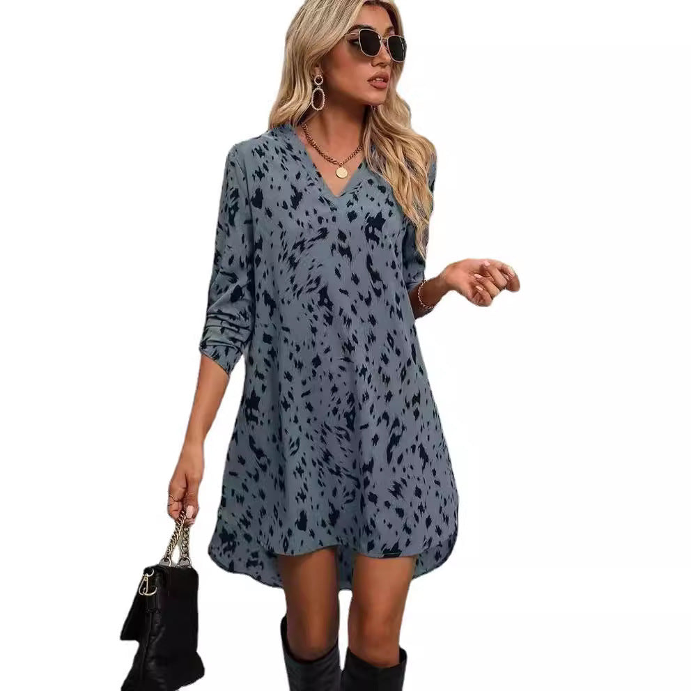 2025 New Slim Leopard Fashion Standing Collar Long Sleeve Dress Women
