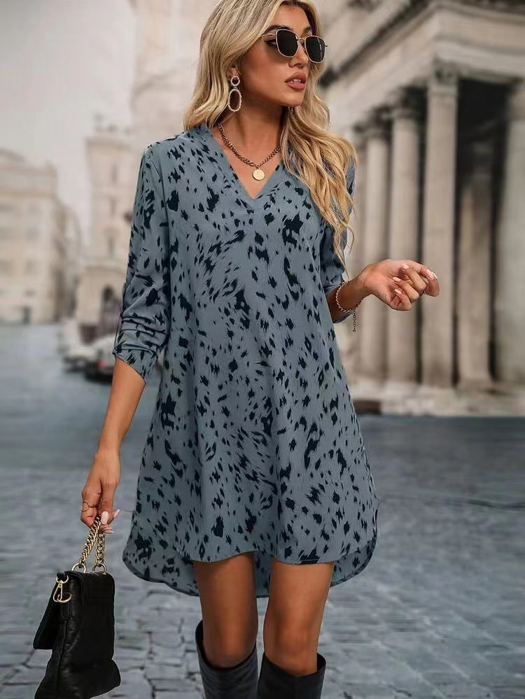 2025 New Slim Leopard Fashion Standing Collar Long Sleeve Dress Women