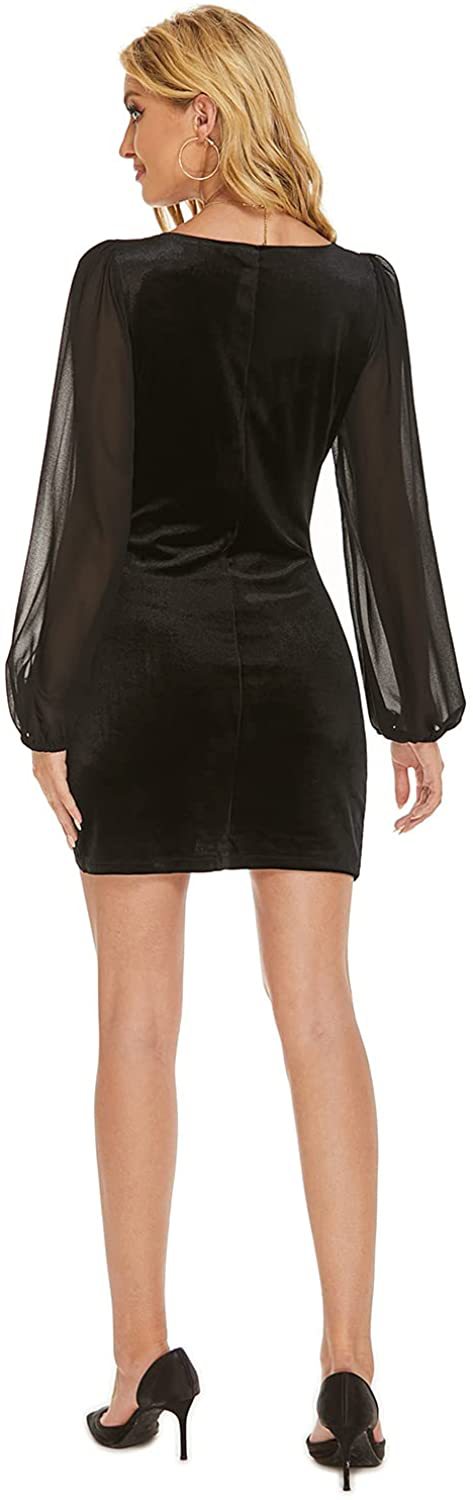 Women's V-Neck Long Sleeve Dress Tight Pleated Embellished Side Asymmetric Dresses