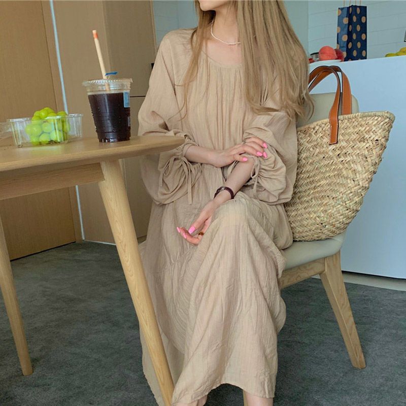 Spring and Autumn Long Sleeve Tie Linen Loose Dress Milk Tea Medium Long Dress