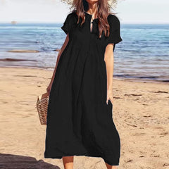 2025 Solid Color V-Neck Short Sleeve Loose Casual Long Women's Cotton Linen Dresses
