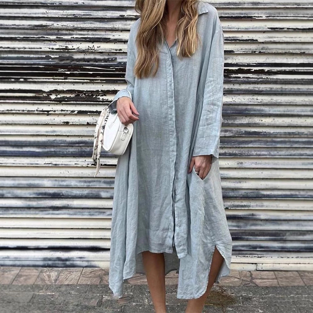 2025 Summer Loose Solid Color Cotton and Linen Fashion Long Sleeve Shirt Long Dresses