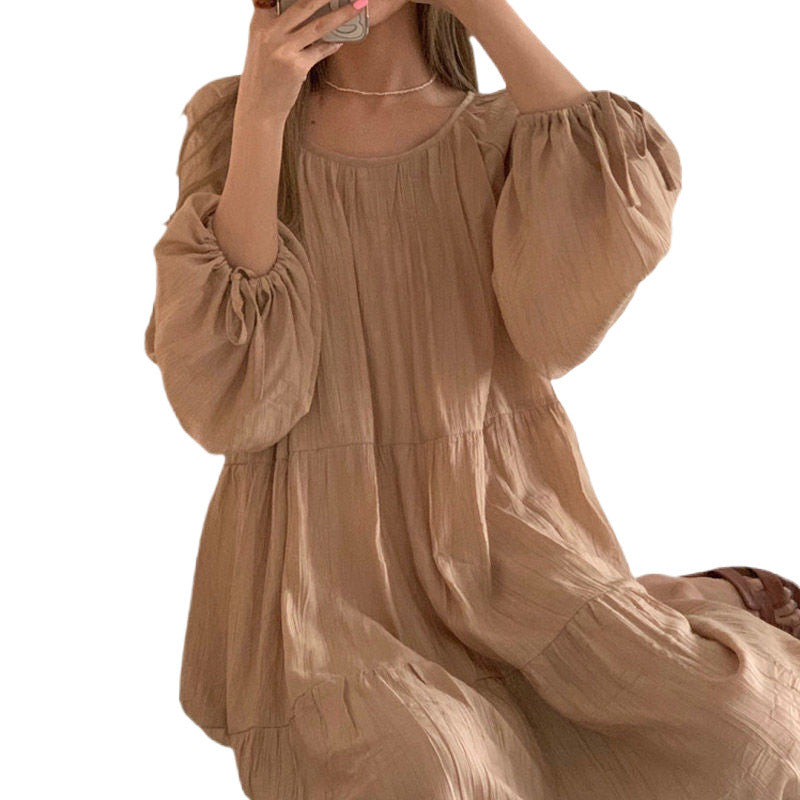 Spring and Autumn Long Sleeve Tie Linen Loose Dress Milk Tea Medium Long Dress