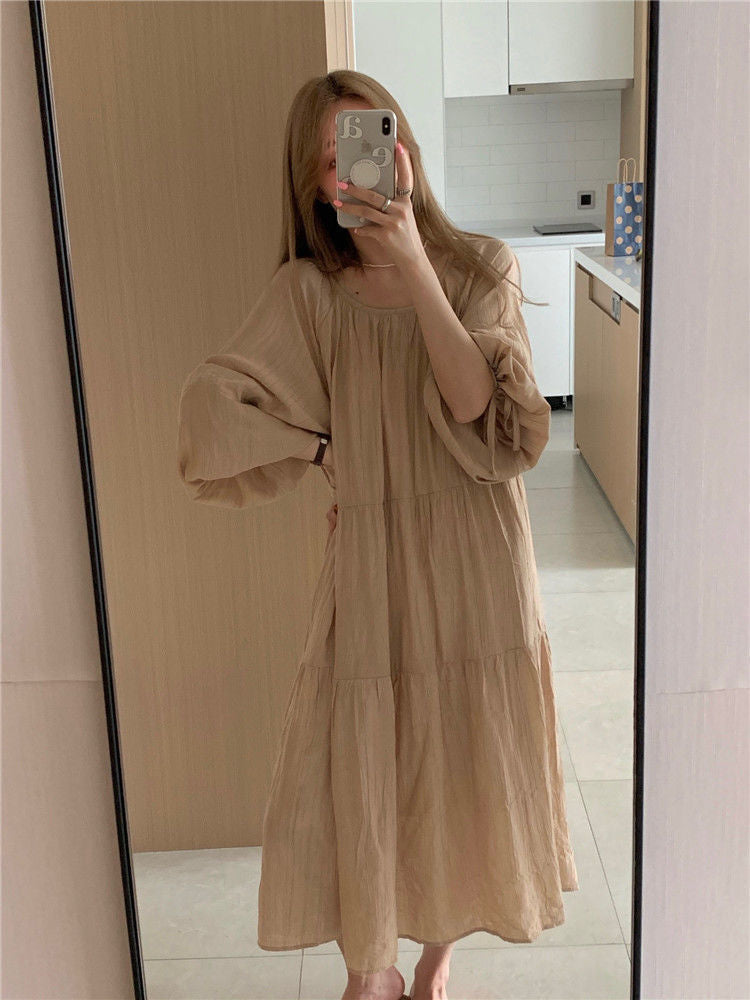 Spring and Autumn Long Sleeve Tie Linen Loose Dress Milk Tea Medium Long Dress