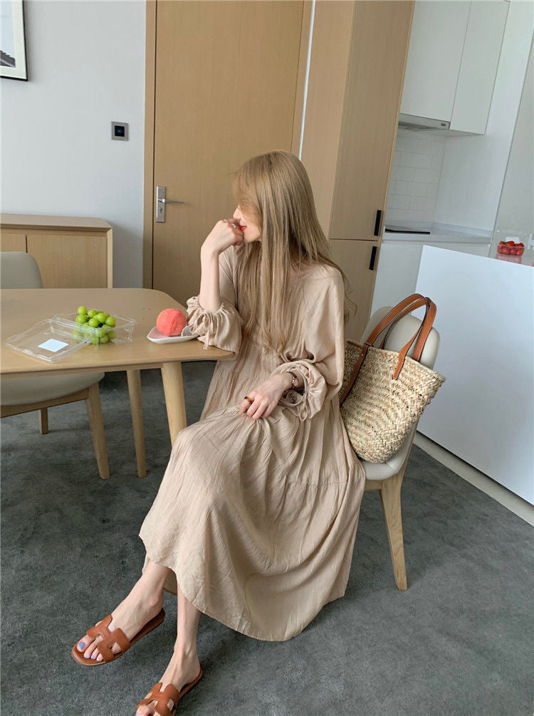 Spring and Autumn Long Sleeve Tie Linen Loose Dress Milk Tea Medium Long Dress