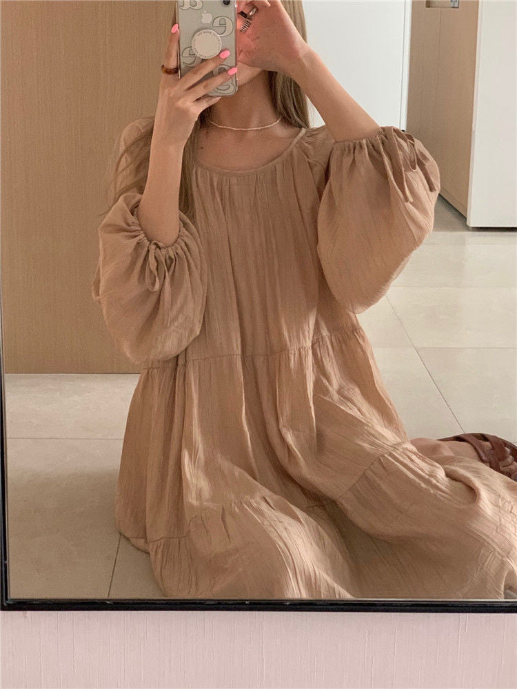 Spring and Autumn Long Sleeve Tie Linen Loose Dress Milk Tea Medium Long Dress