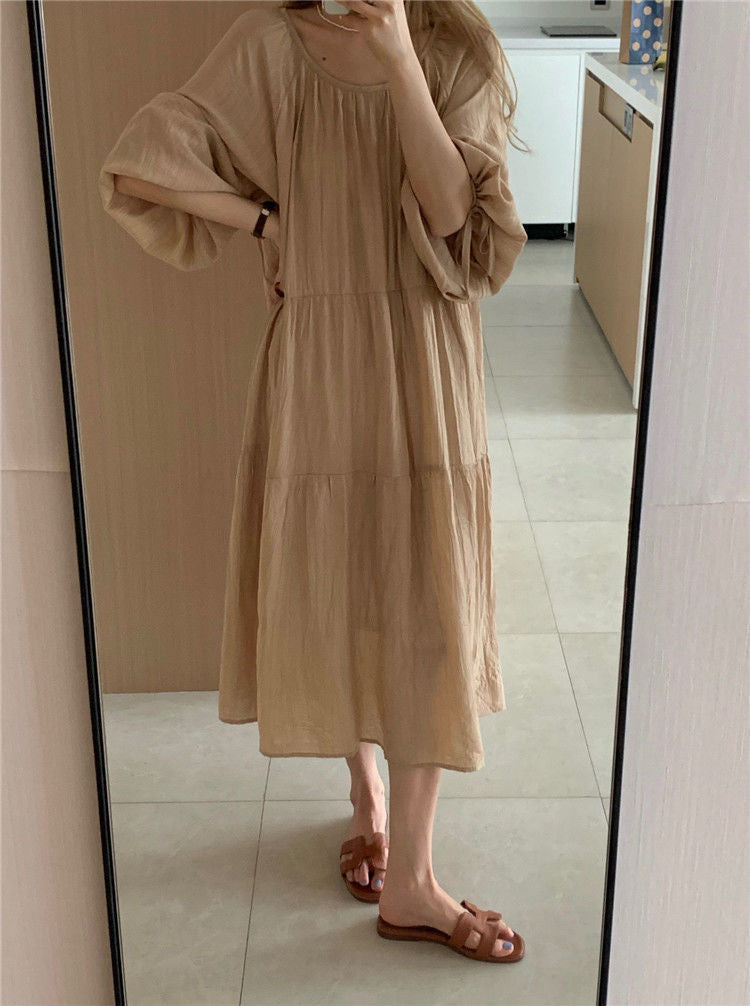 Spring and Autumn Long Sleeve Tie Linen Loose Dress Milk Tea Medium Long Dress
