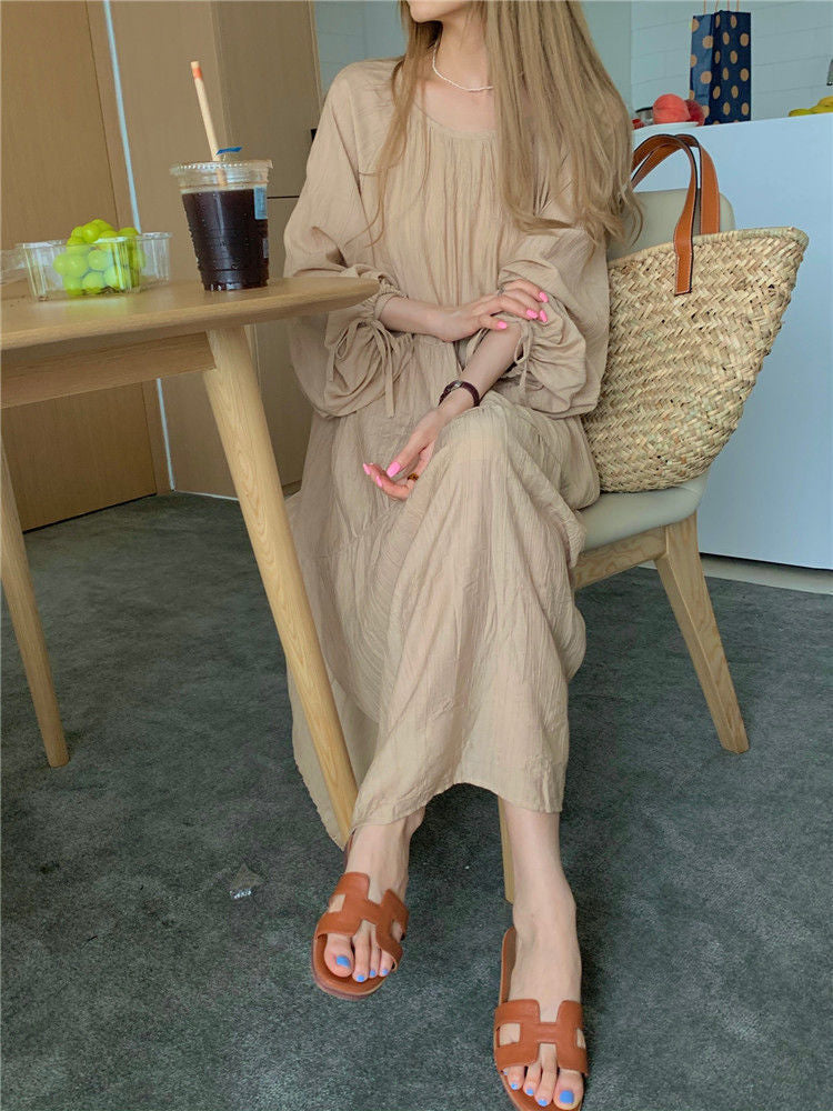 Spring and Autumn Long Sleeve Tie Linen Loose Dress Milk Tea Medium Long Dress