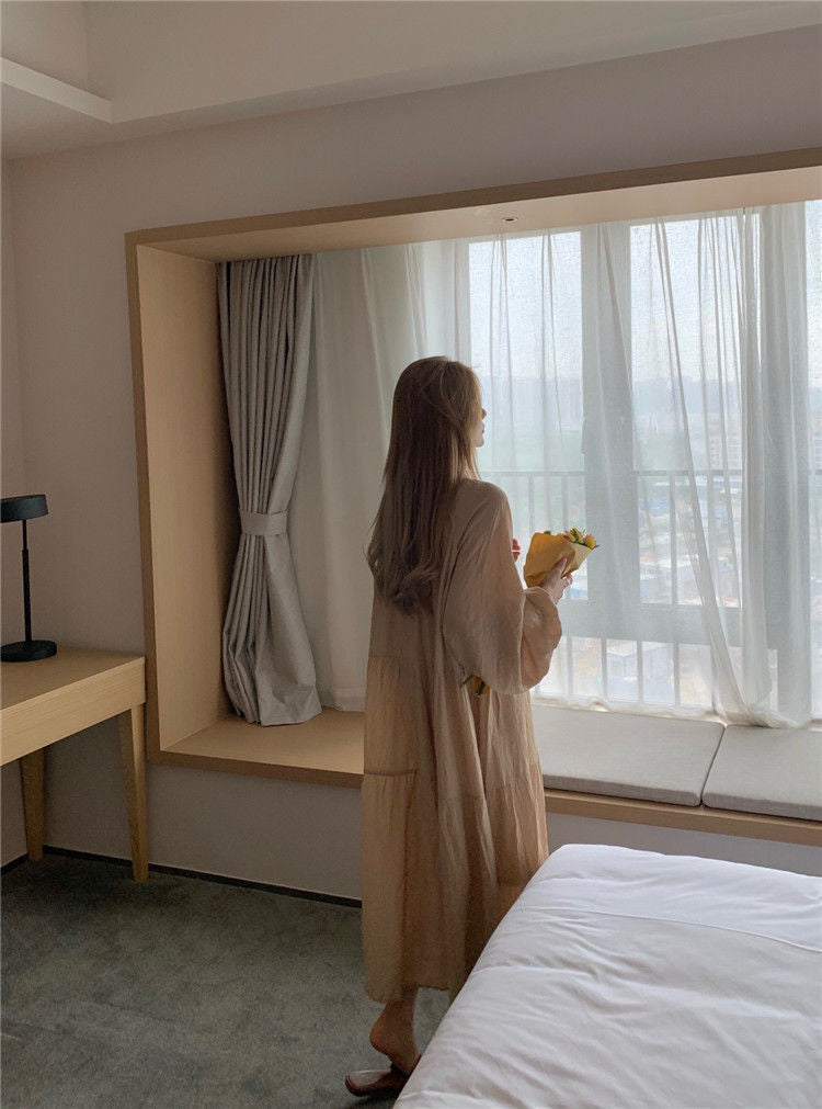 Spring and Autumn Long Sleeve Tie Linen Loose Dress Milk Tea Medium Long Dress