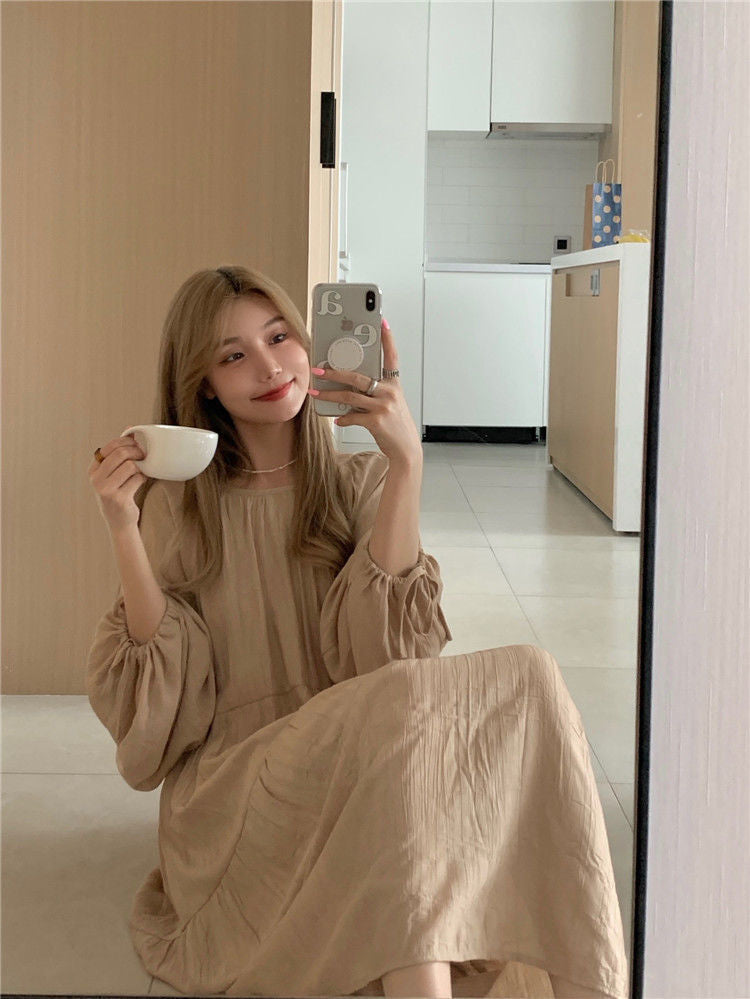 Spring and Autumn Long Sleeve Tie Linen Loose Dress Milk Tea Medium Long Dress