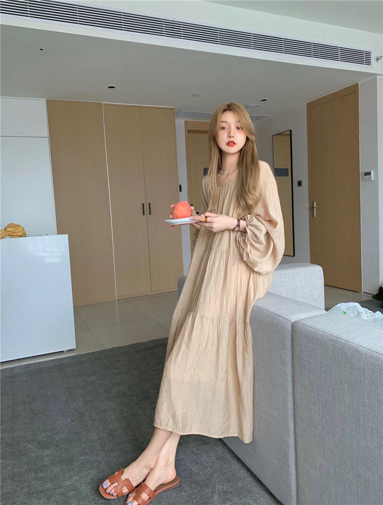 Spring and Autumn Long Sleeve Tie Linen Loose Dress Milk Tea Medium Long Dress
