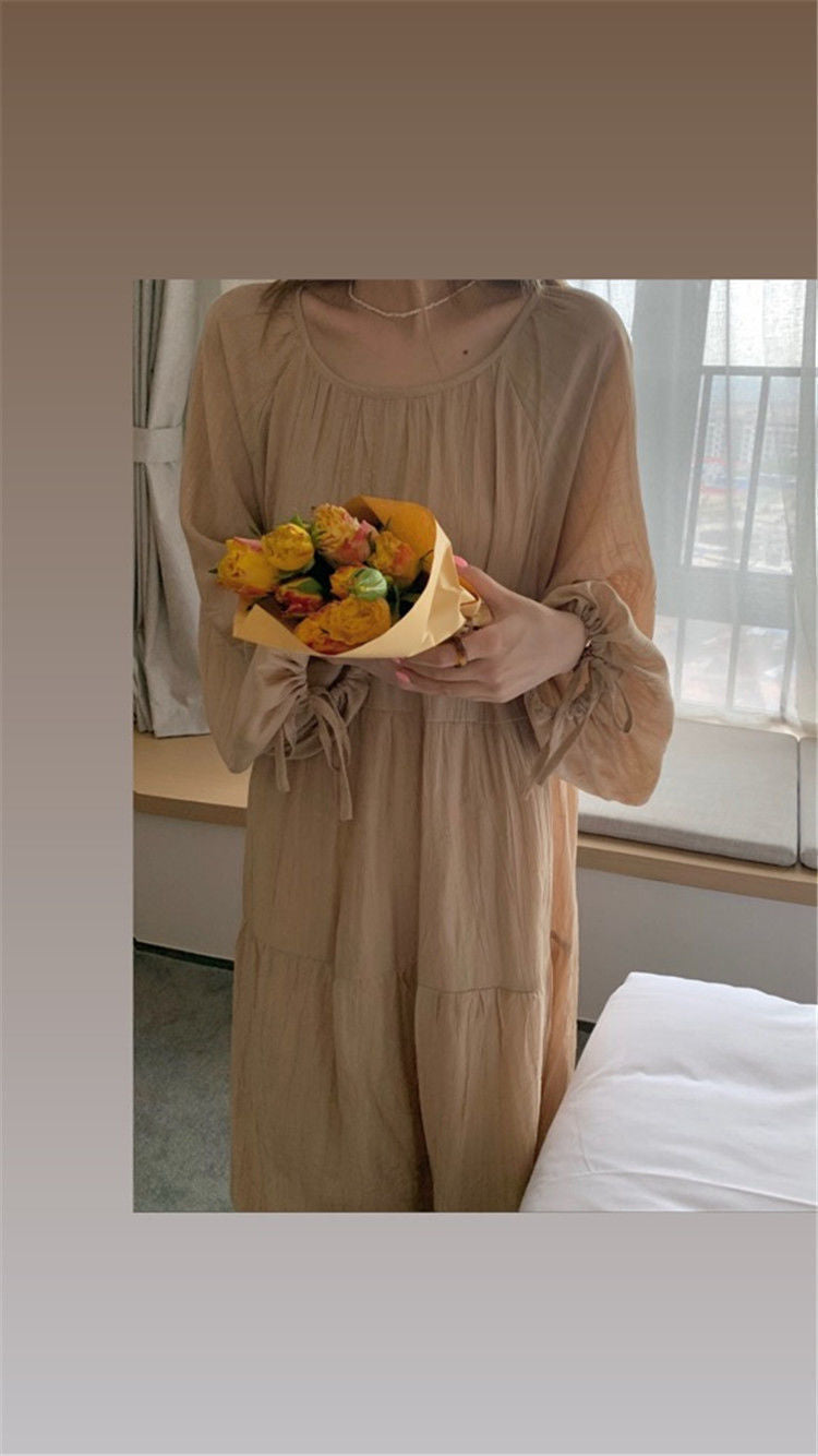 Spring and Autumn Long Sleeve Tie Linen Loose Dress Milk Tea Medium Long Dress