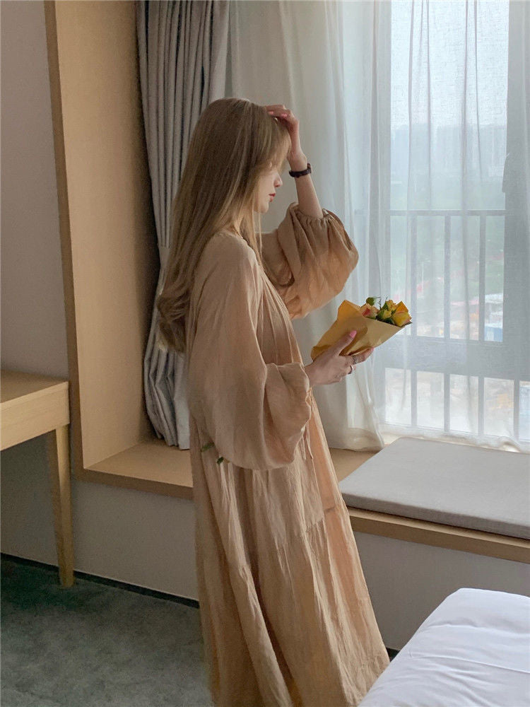 Spring and Autumn Long Sleeve Tie Linen Loose Dress Milk Tea Medium Long Dress
