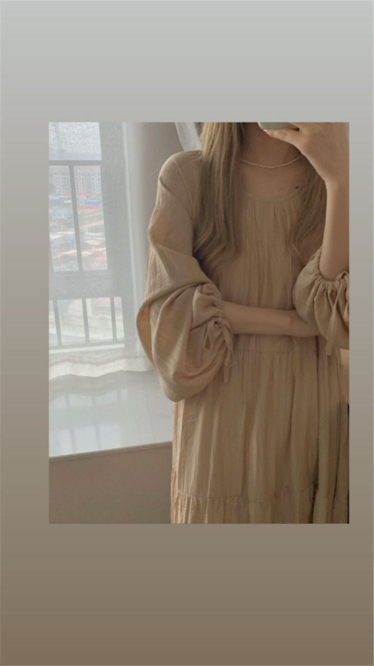 Spring and Autumn Long Sleeve Tie Linen Loose Dress Milk Tea Medium Long Dress