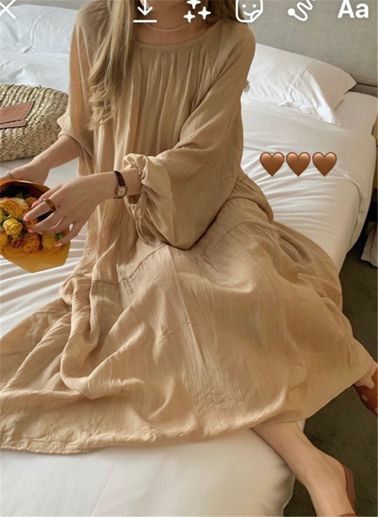 Spring and Autumn Long Sleeve Tie Linen Loose Dress Milk Tea Medium Long Dress