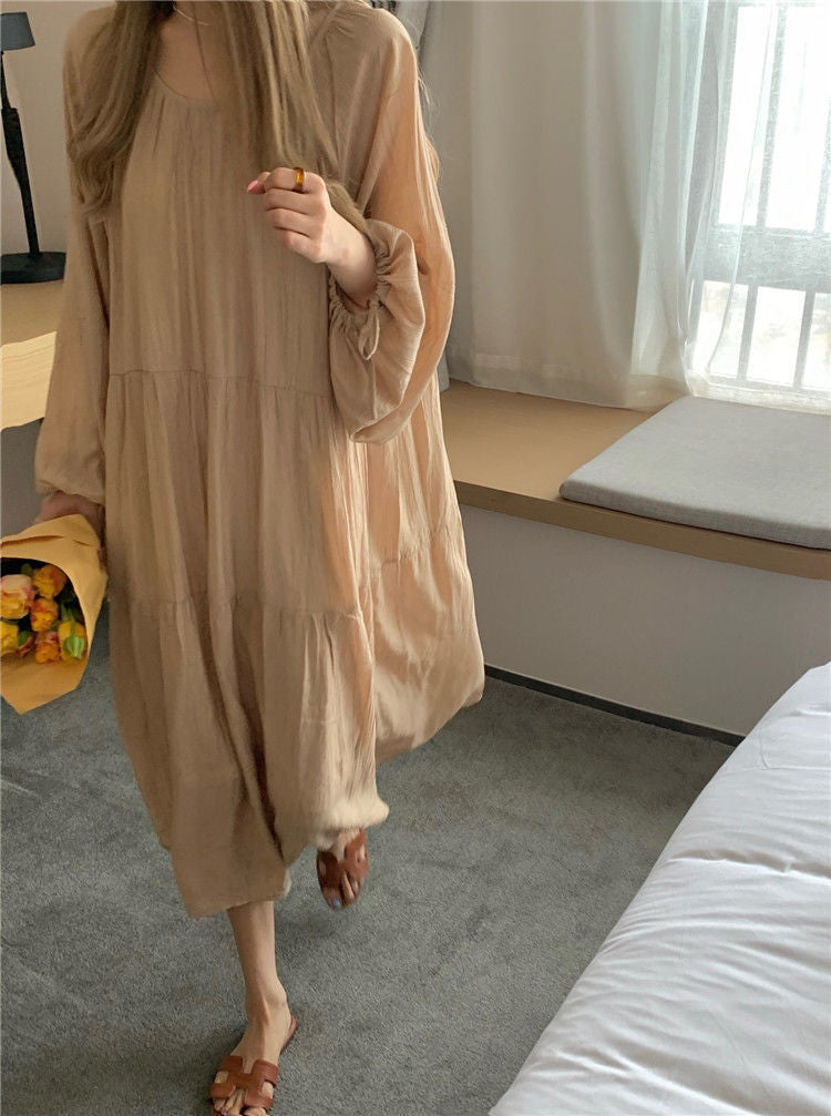 Spring and Autumn Long Sleeve Tie Linen Loose Dress Milk Tea Medium Long Dress