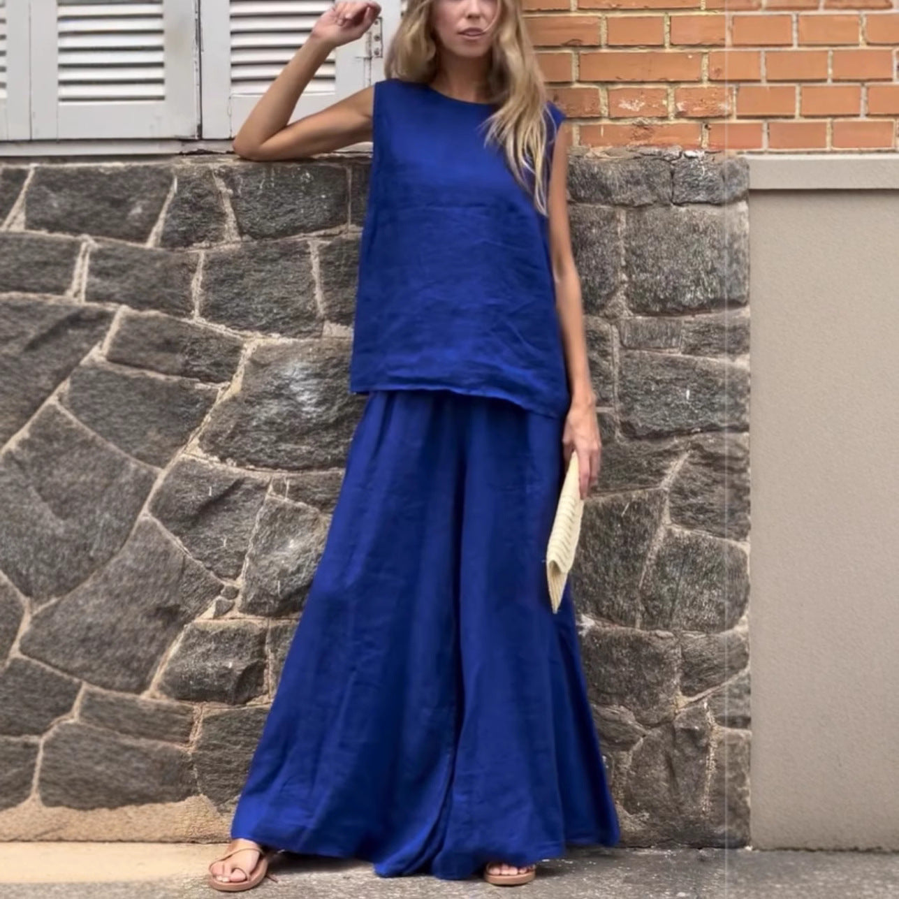 2025 Large Size Loose Solid Color Cotton Linen Sleeveless Pants Two Piece Set