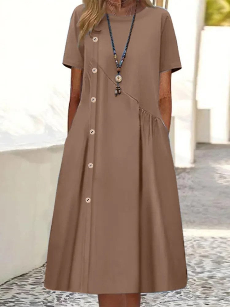 Casual Button Embellished Shrunken Pocket Midi Dress