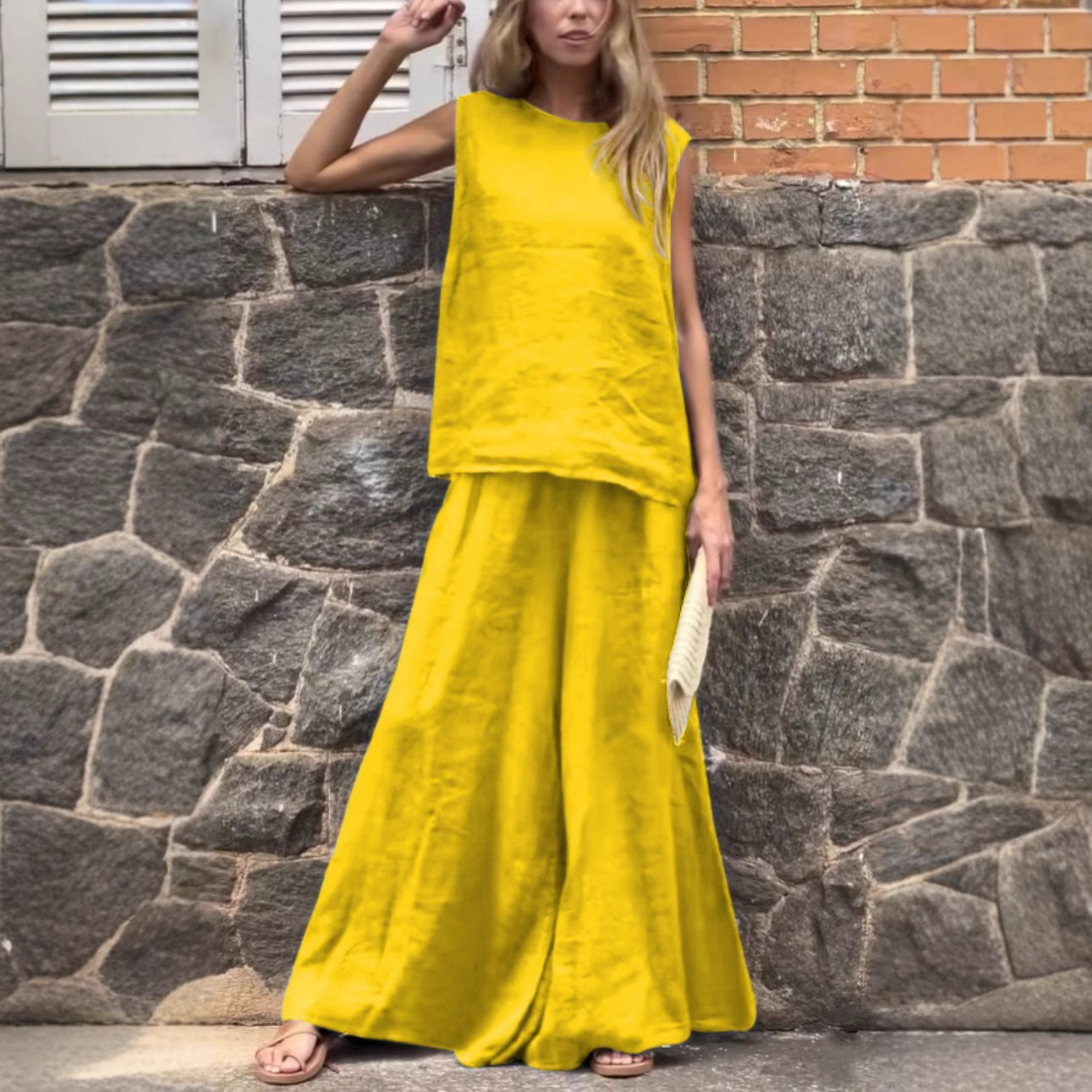 2025 Large Size Loose Solid Color Cotton Linen Sleeveless Pants Two Piece Set