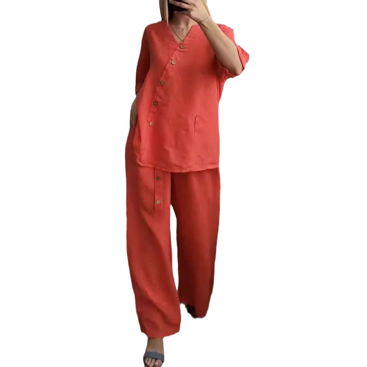 Summer new solid color cotton linen seven-minute sleeve top wide leg pants two-piece women's suit