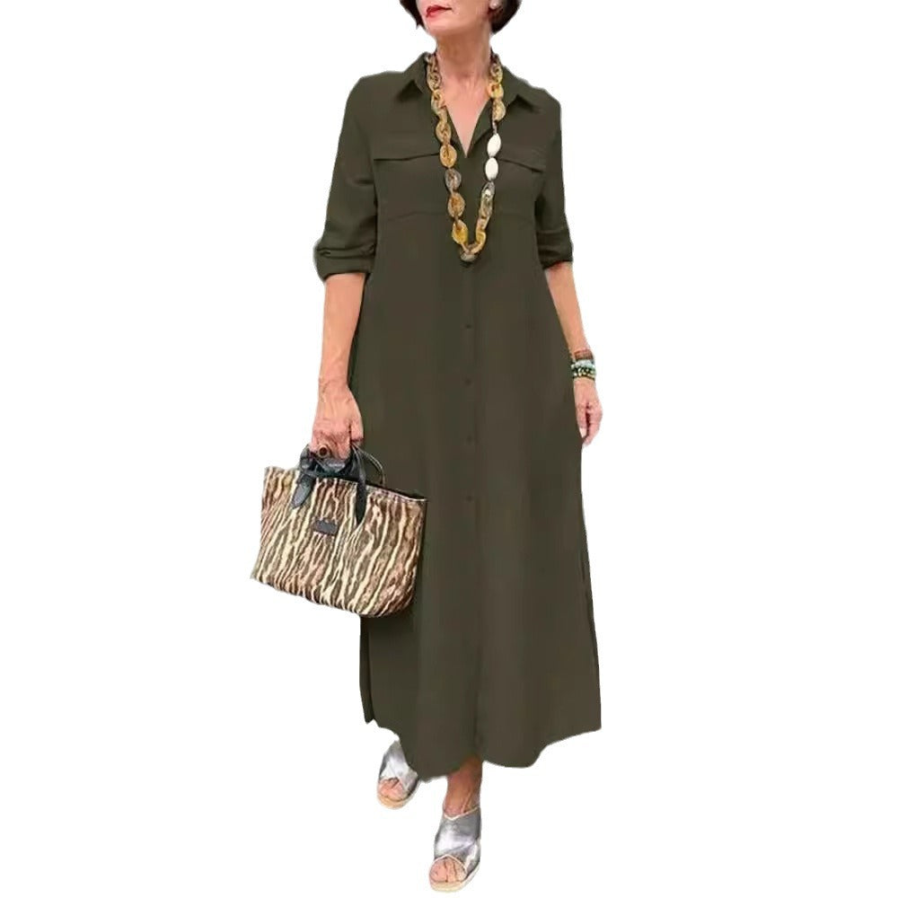 2025 Women's New Elegant Solid Color Long Sleeve Buttoned Lapel Large Size Dresses