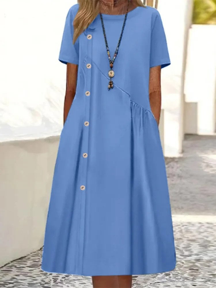 Casual Button Embellished Shrunken Pocket Midi Dress