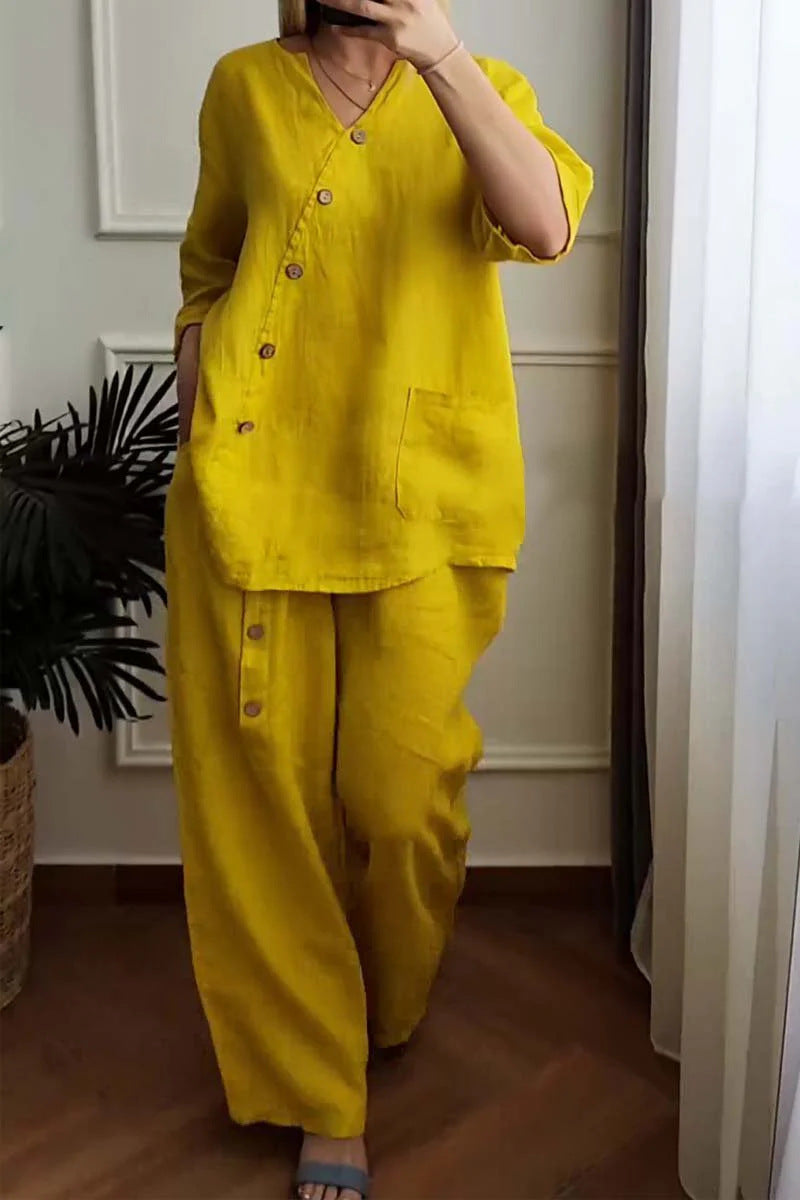 Summer new solid color cotton linen seven-minute sleeve top wide leg pants two-piece women's suit