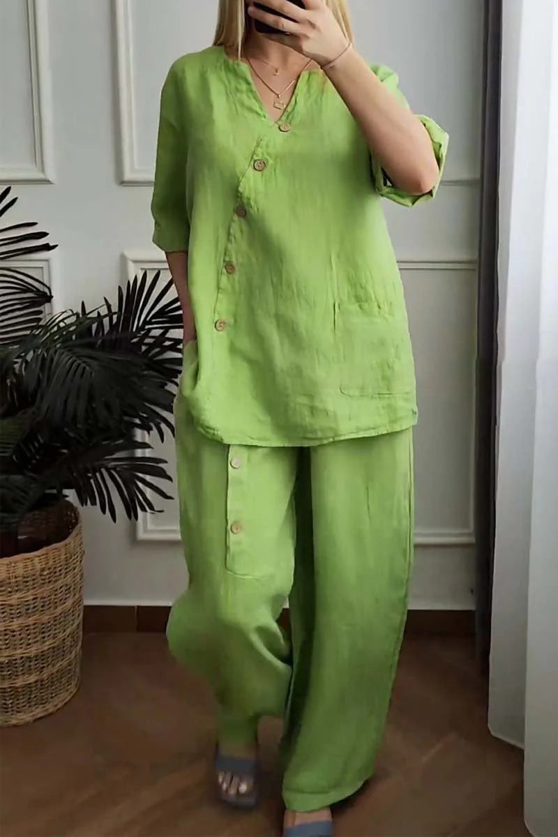 Summer new solid color cotton linen seven-minute sleeve top wide leg pants two-piece women's suit