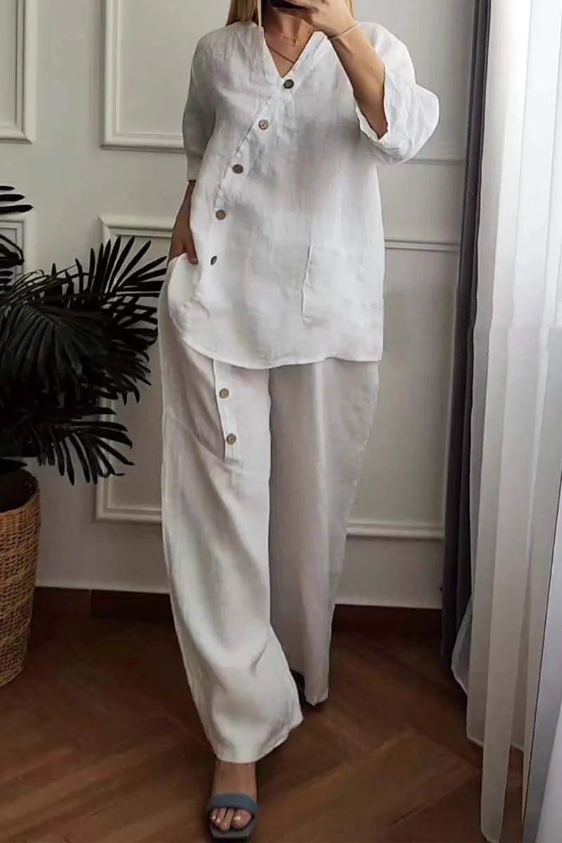 Summer new solid color cotton linen seven-minute sleeve top wide leg pants two-piece women's suit