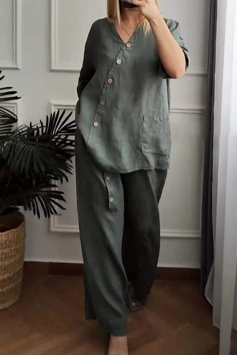 Summer new solid color cotton linen seven-minute sleeve top wide leg pants two-piece women's suit
