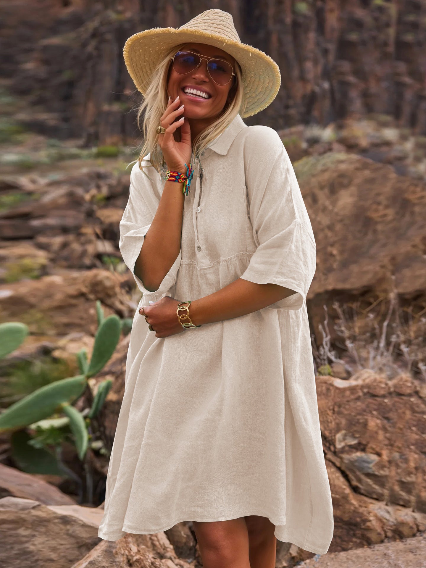 Loose solid color polo collar vacation casual button up literary style fashion dresses