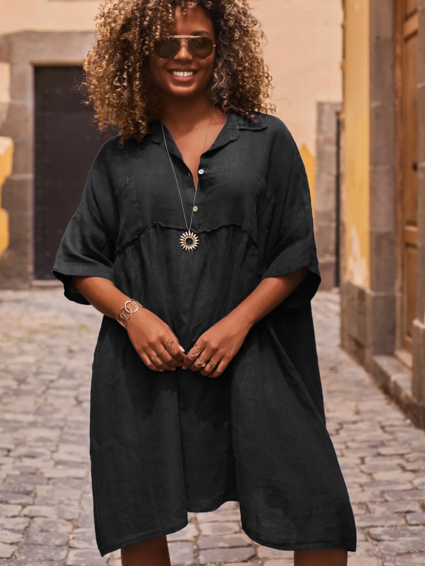 Loose solid color polo collar vacation casual button up literary style fashion dresses