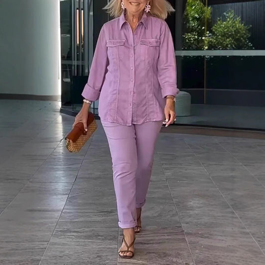 2025 Loose Casual Solid Color Round Neck Casual Shirt Long Pants Set