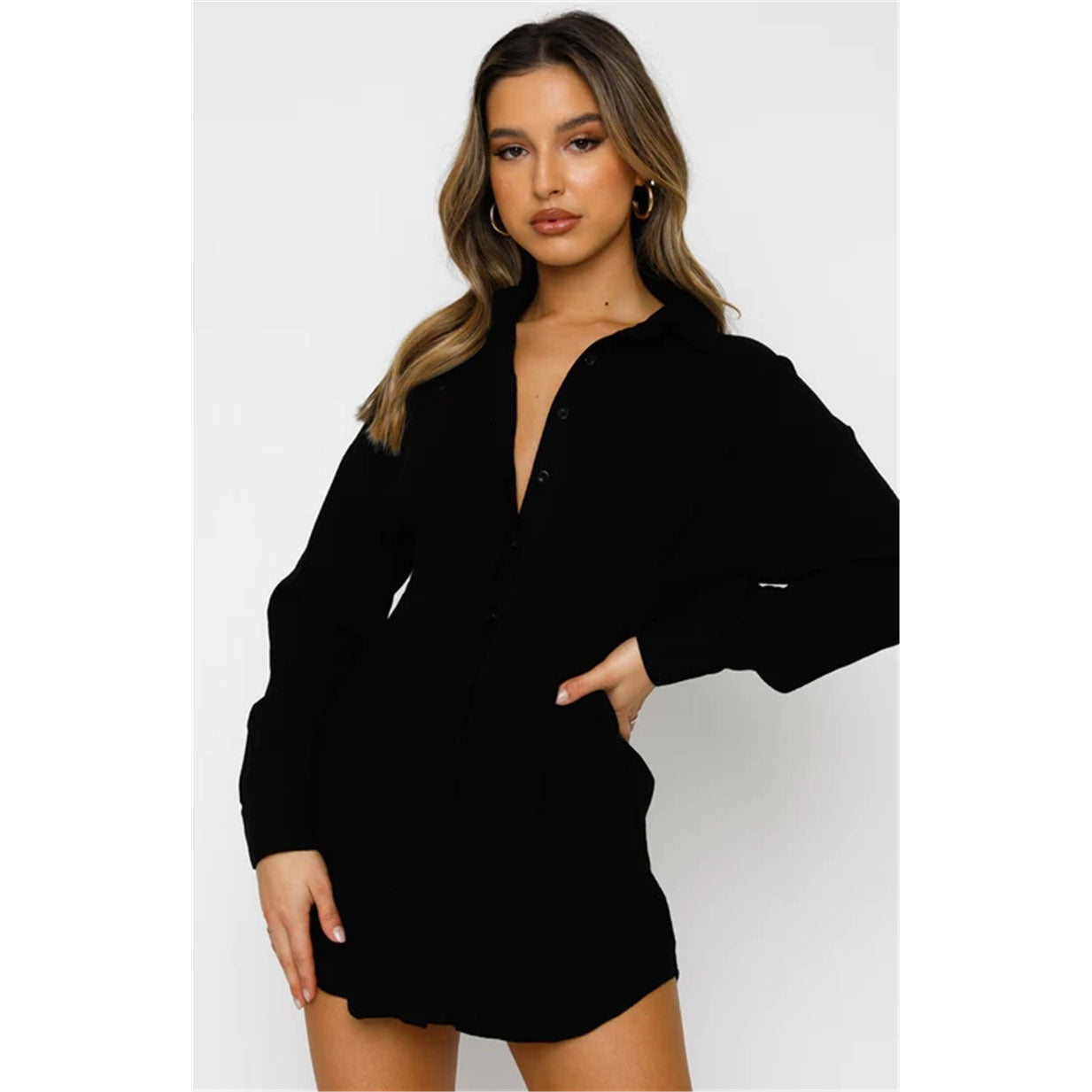 Hot Women's Solid Color Shirt Neck Waisted Sexy Dresses