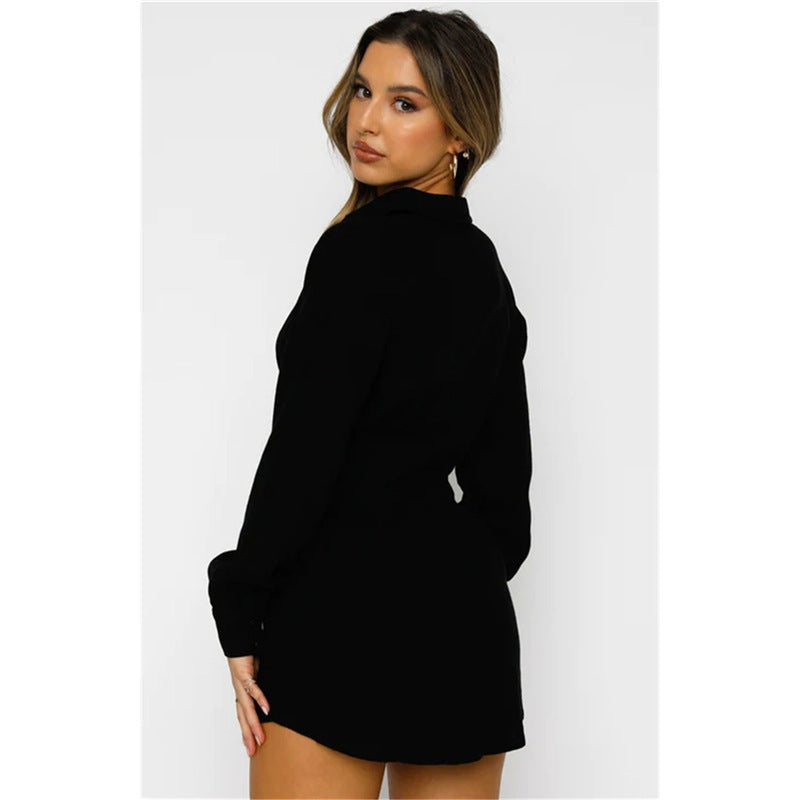Hot Women's Solid Color Shirt Neck Waisted Sexy Dresses