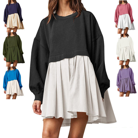 New women's false two pieces solid color color blocking loose pleated dresses