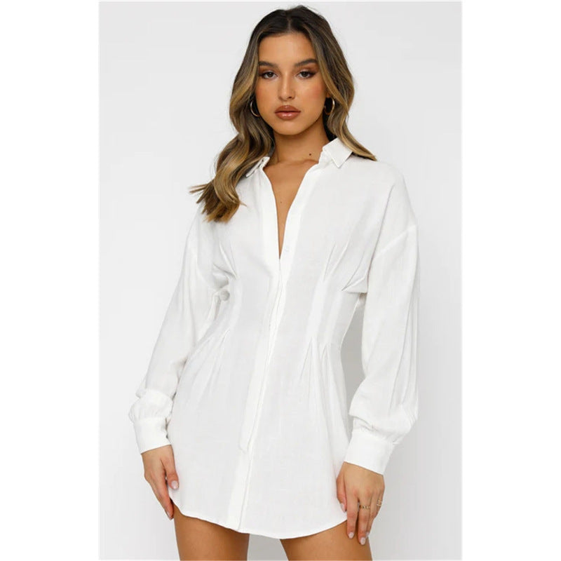 Hot Women's Solid Color Shirt Neck Waisted Sexy Dresses