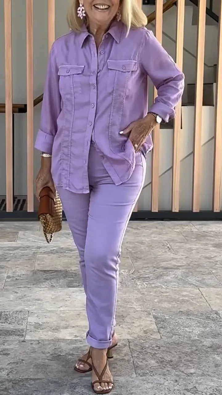 2025 Loose Casual Solid Color Round Neck Casual Shirt Long Pants Set