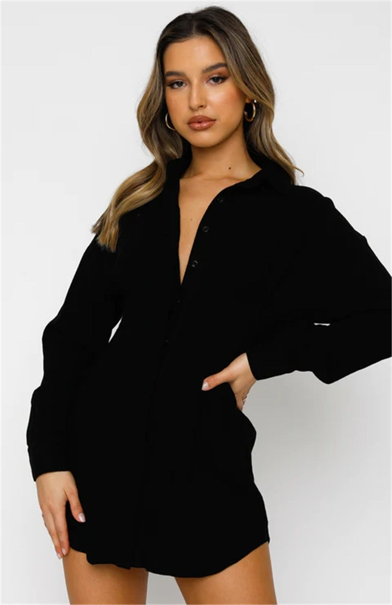 Hot Women's Solid Color Shirt Neck Waisted Sexy Dresses