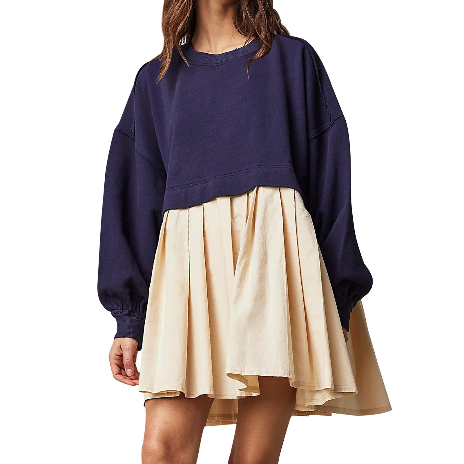 New women's false two pieces solid color color blocking loose pleated dresses