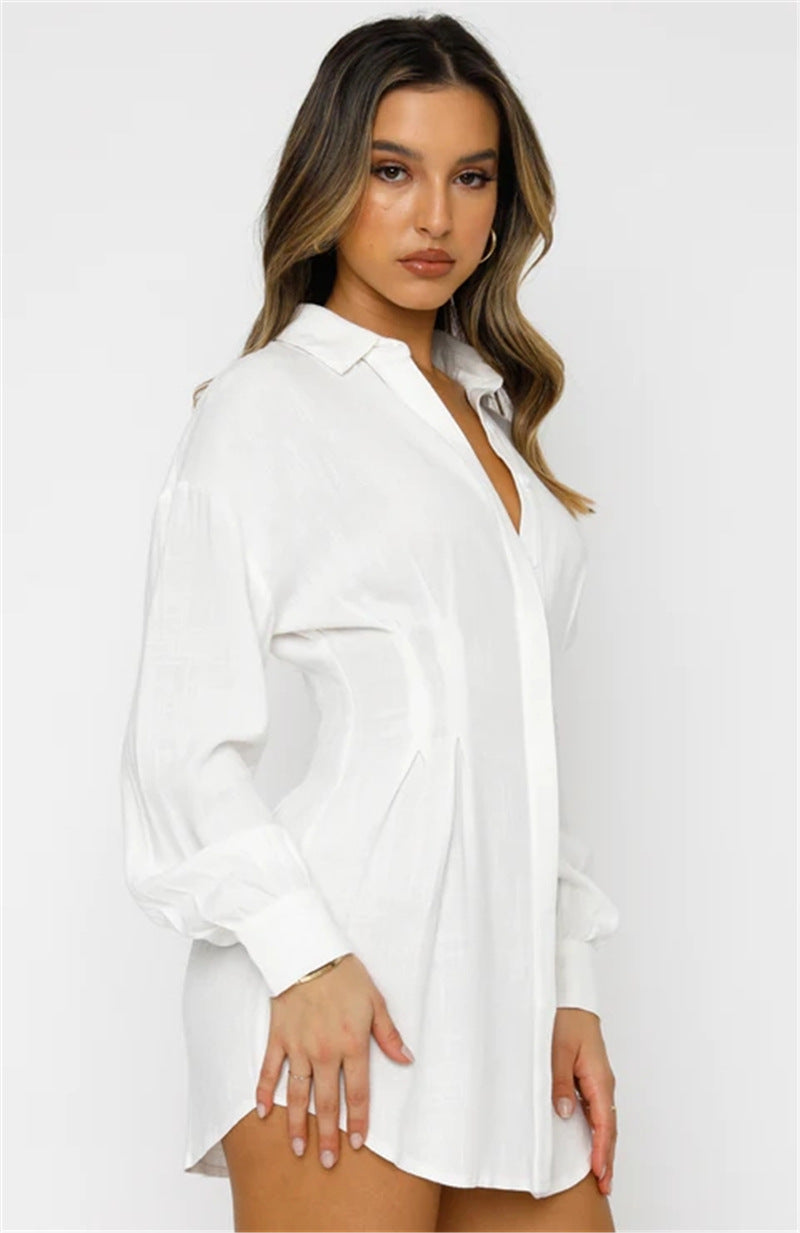 Hot Women's Solid Color Shirt Neck Waisted Sexy Dresses