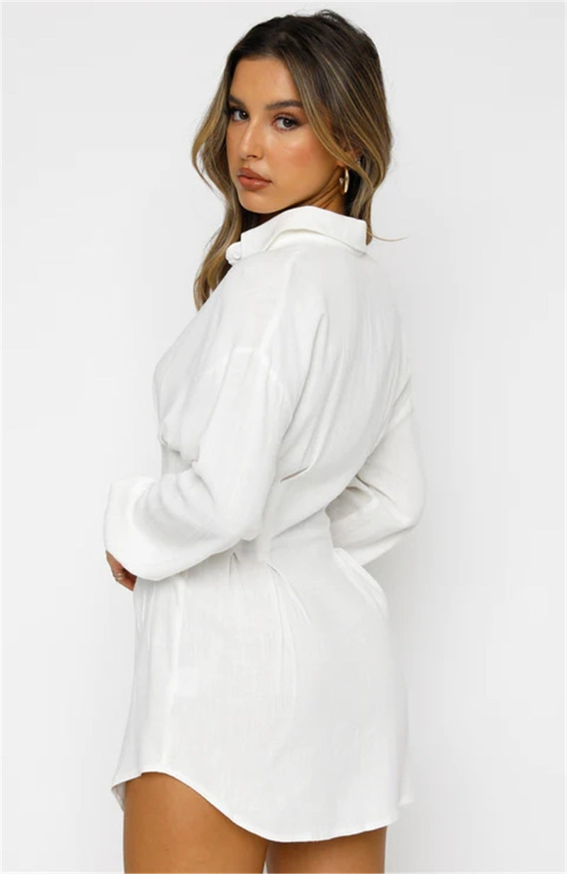 Hot Women's Solid Color Shirt Neck Waisted Sexy Dresses