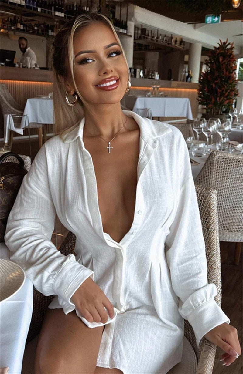 Hot Women's Solid Color Shirt Neck Waisted Sexy Dresses