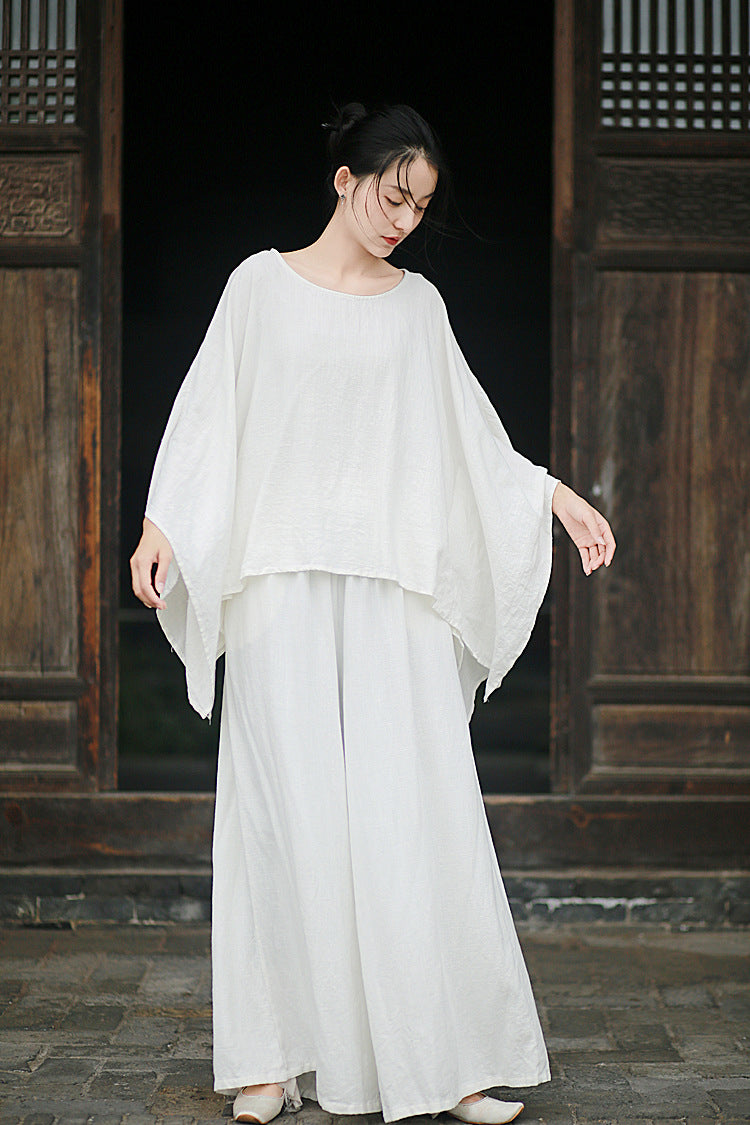 Linen Top Wide Leg Pants Set 3 Colours Literary Retro Cool Style