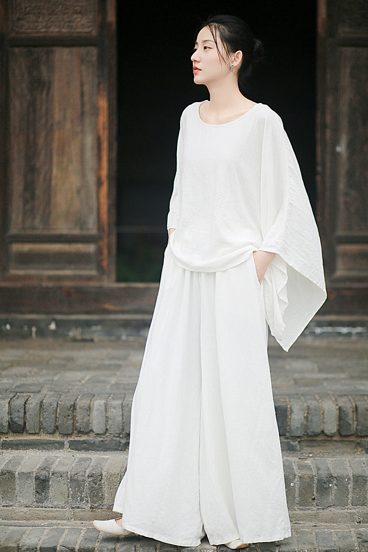 Linen Top Wide Leg Pants Set 3 Colours Literary Retro Cool Style