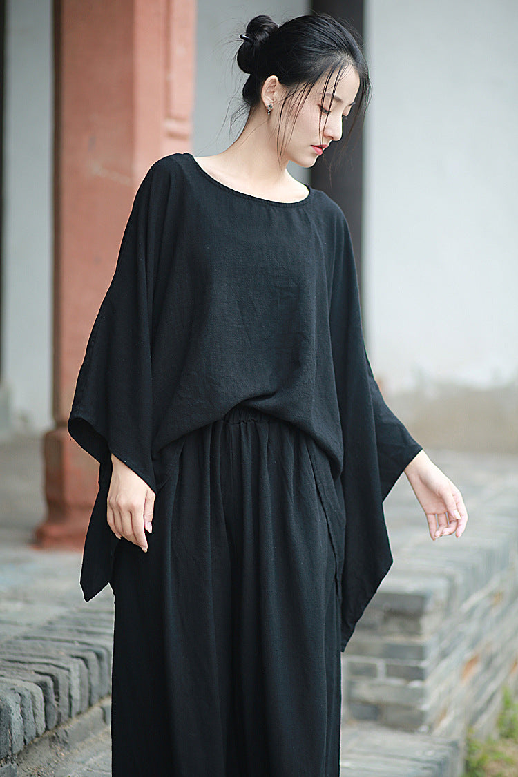 Linen Top Wide Leg Pants Set 3 Colours Literary Retro Cool Style