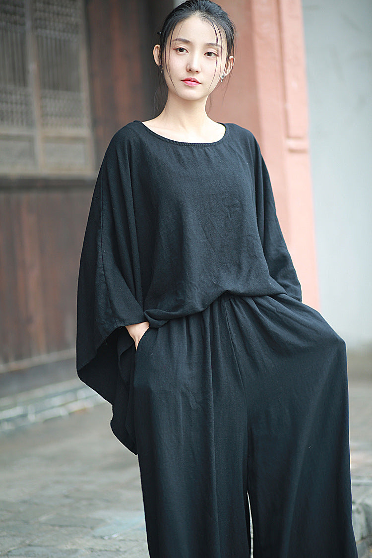 Linen Top Wide Leg Pants Set 3 Colours Literary Retro Cool Style